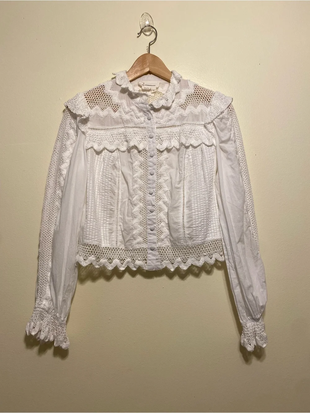 By Anthropologie Ruffled Lace  White Eyelet Lace Button-Front Blouse. Size S